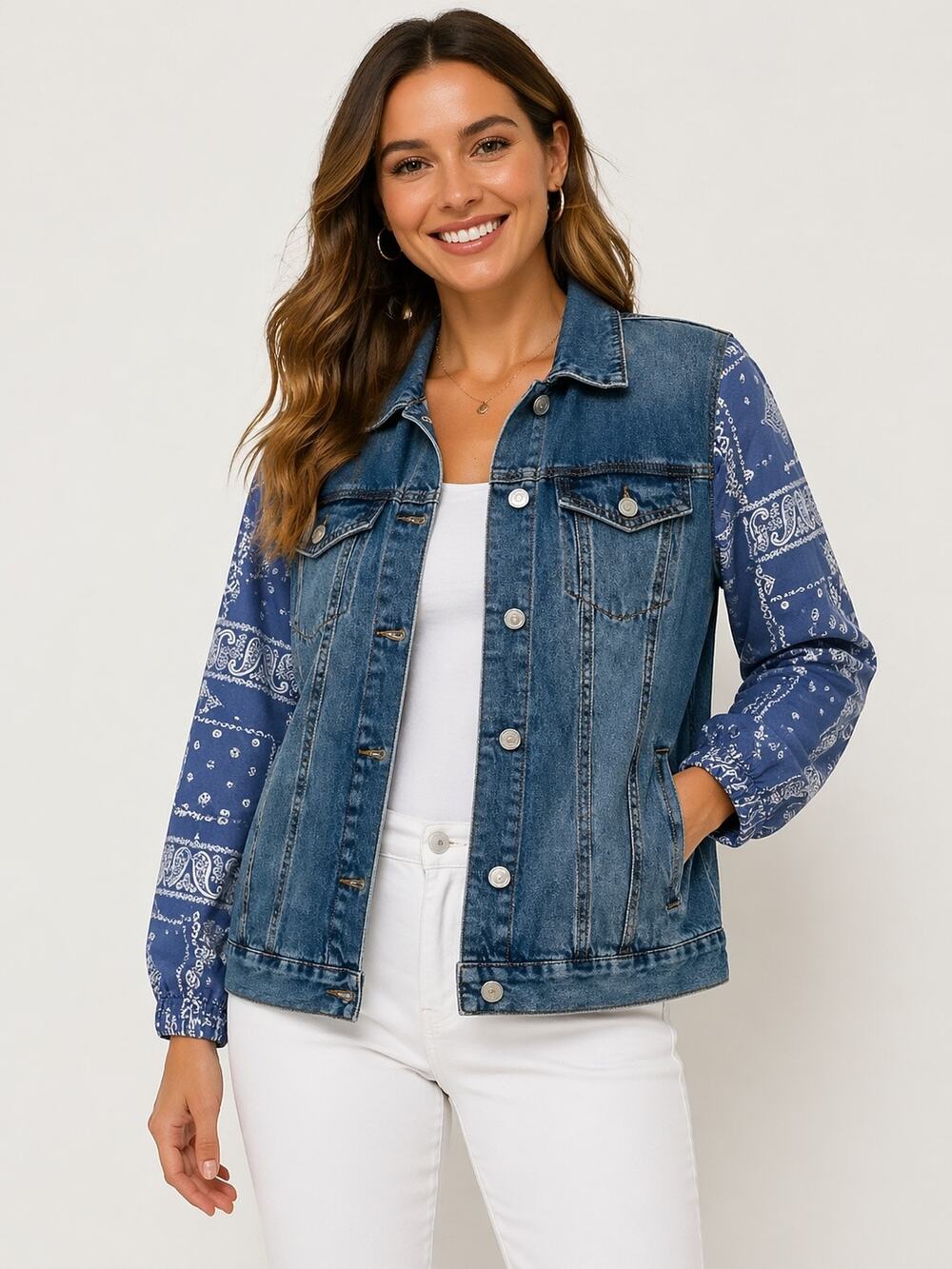 Kensie Denim Jacket | Bandana Print Sleeves | Statement Jean Jacket | Size M